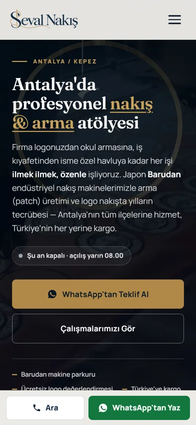 Seval Nakış sitesinin telefon görünümü