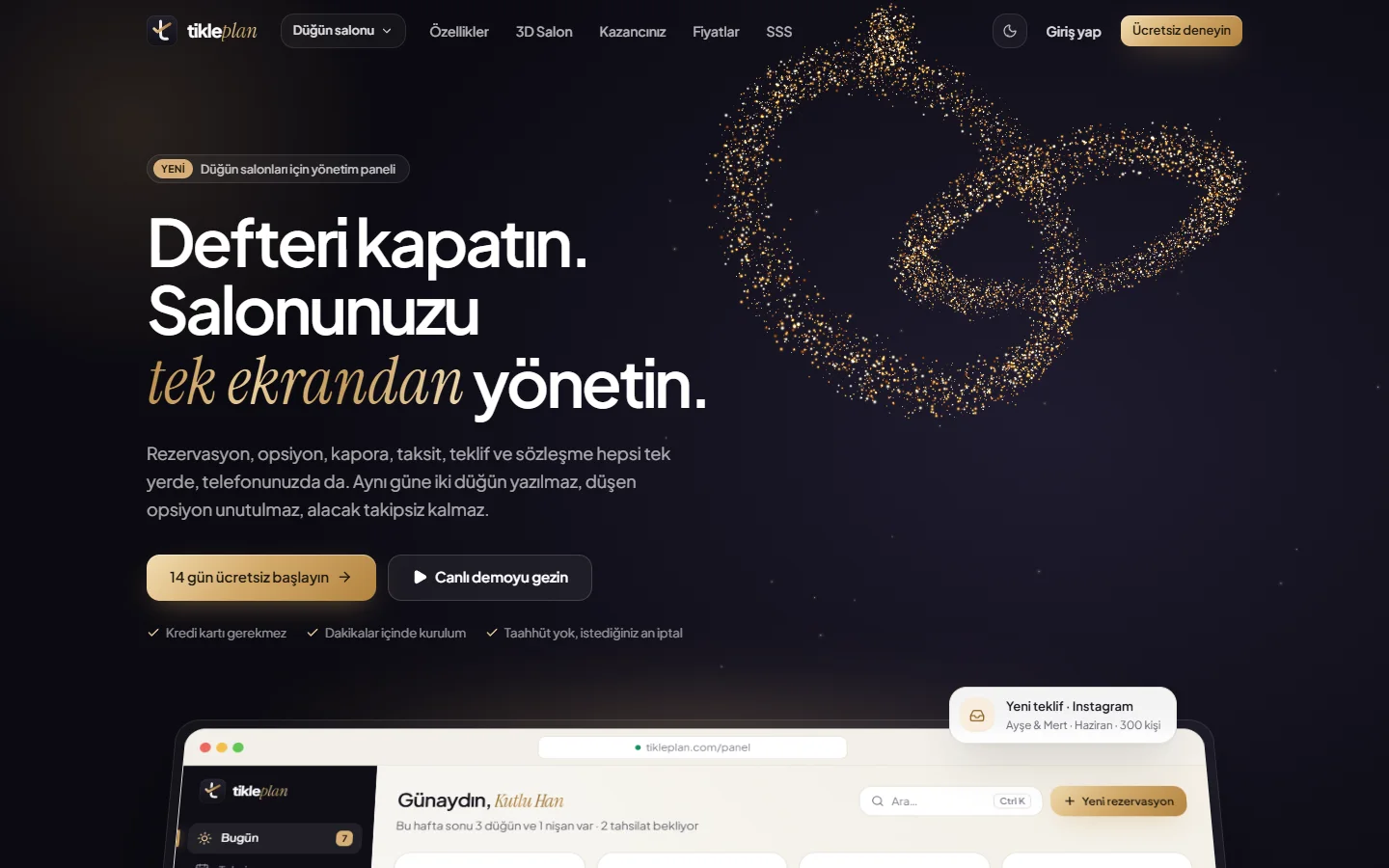tikleplan tanıtım sayfası: düğün salonları için yönetim paneli